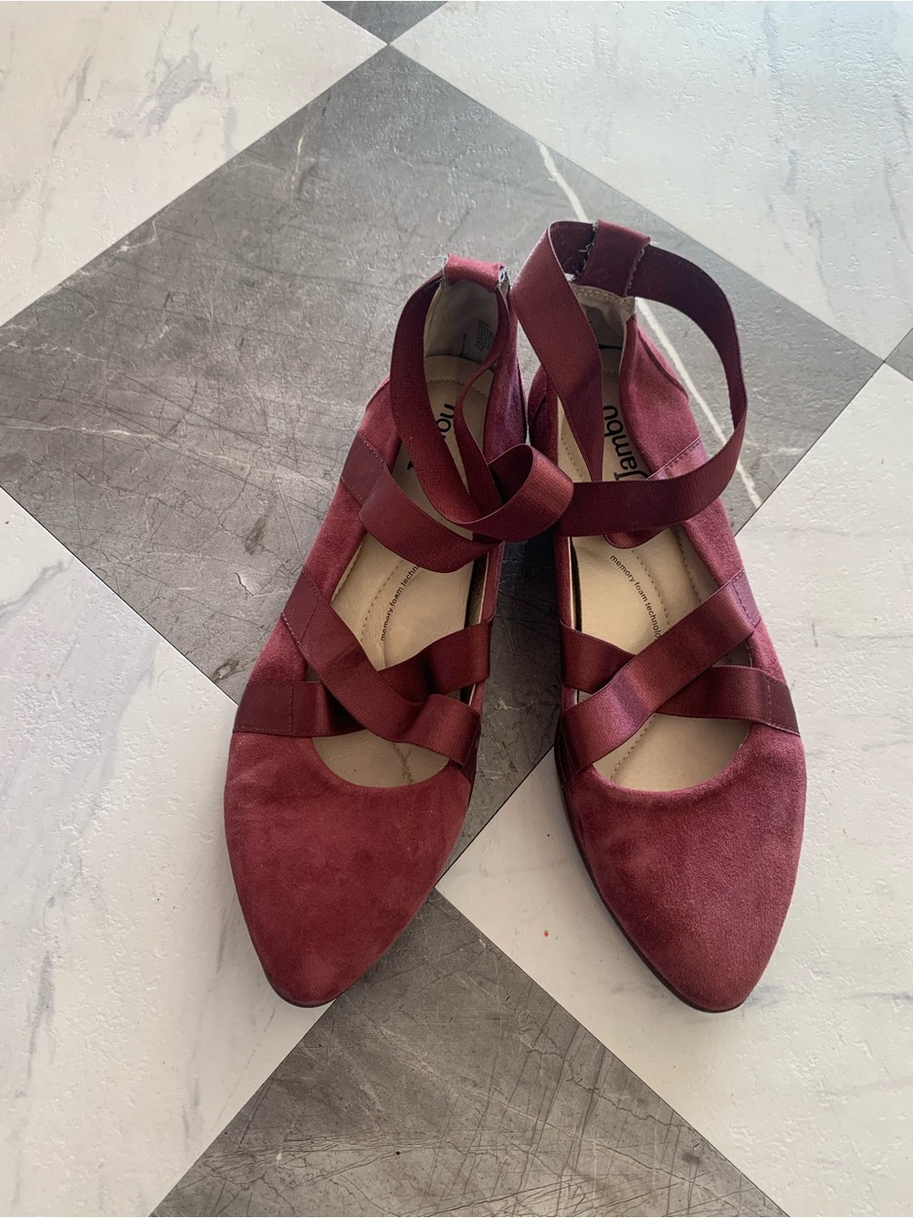 Jambu Burgundy Suede Pointed Flats with Crisscross Ankle Straps